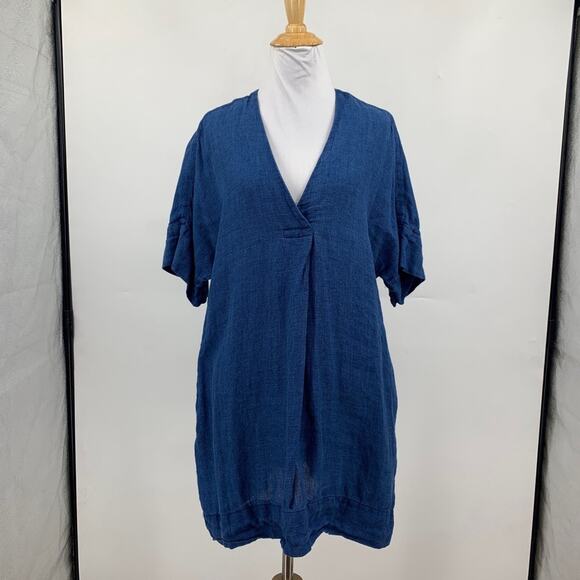 Faherty Dress Womens Small Blue Sanibel Basketweave V Neck Short Sleeve Linen - Picture 2 of 10